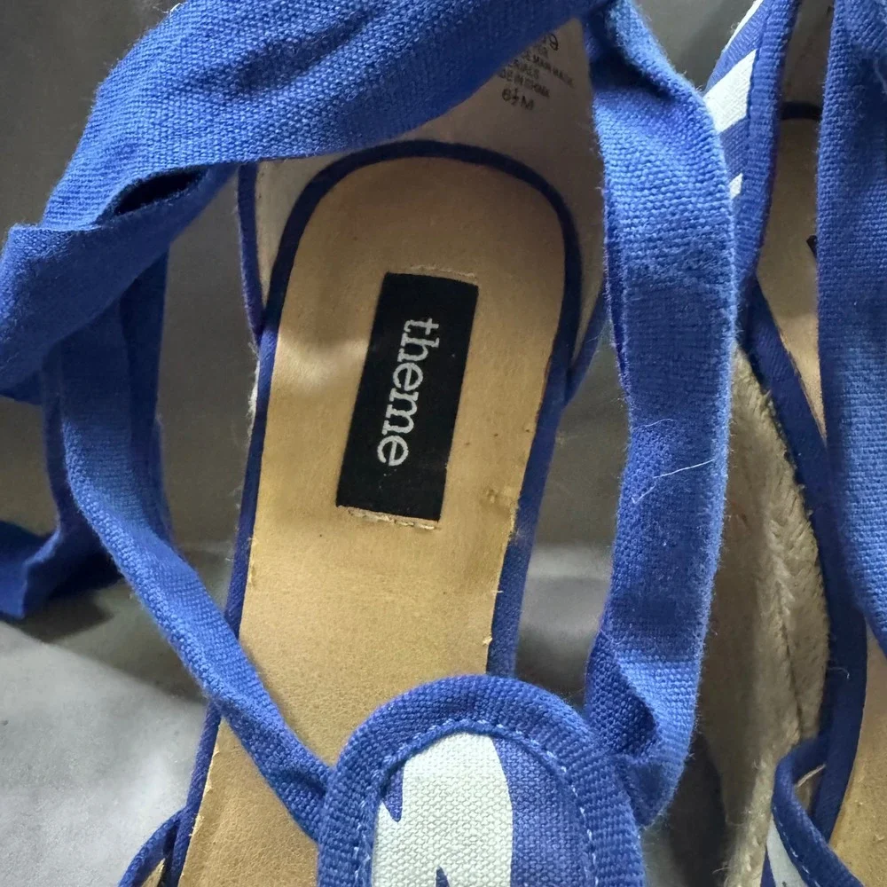 Theme Zebra Print Espadrille Wedge Sandals Blue White Ankle Tie 6.5M 169109‎